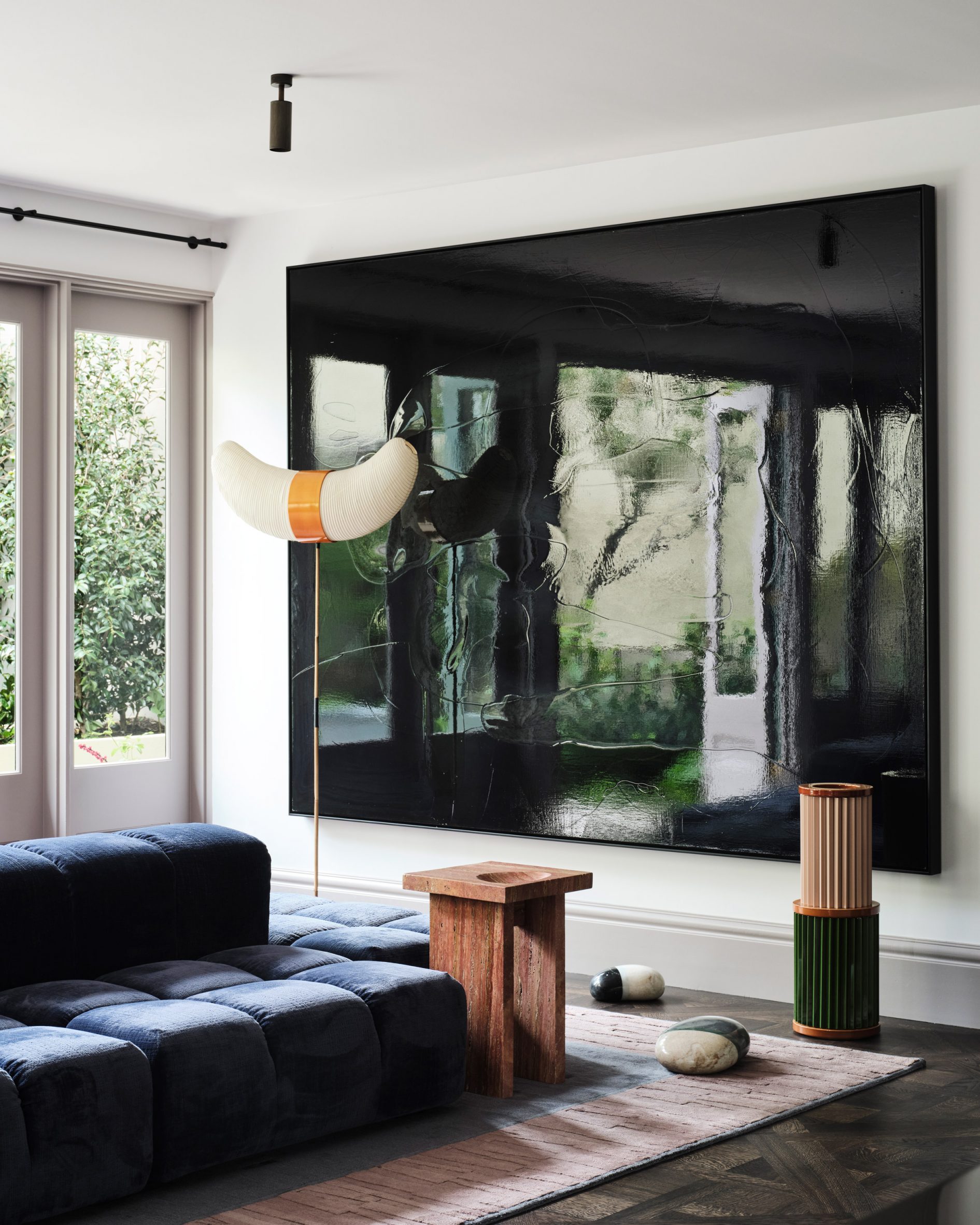 Living room with blue sofa